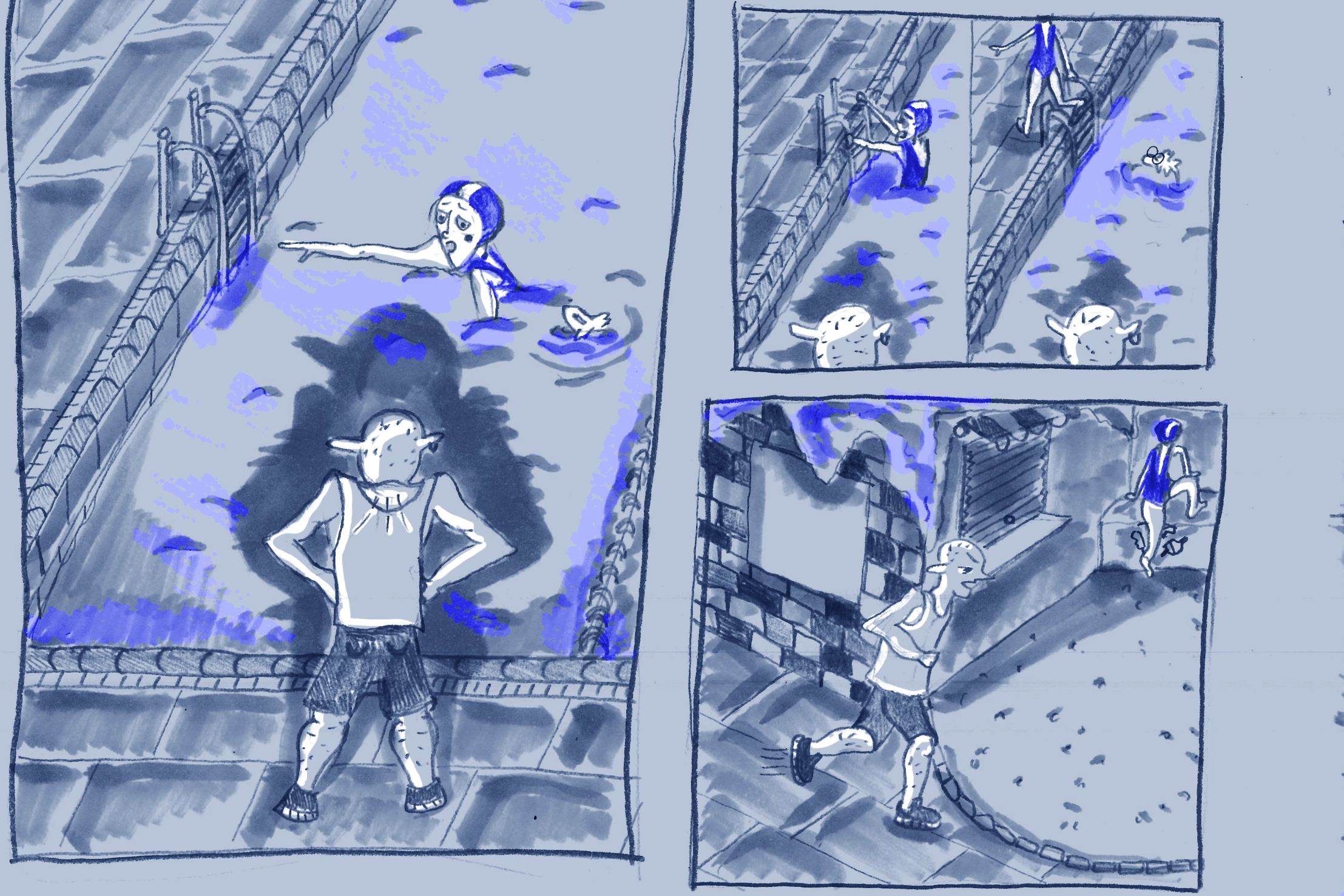 Ausschnitt aus Comic 'im Chlor zurückgeblieben', Bleistift, Alkoholmarker&Photoshop